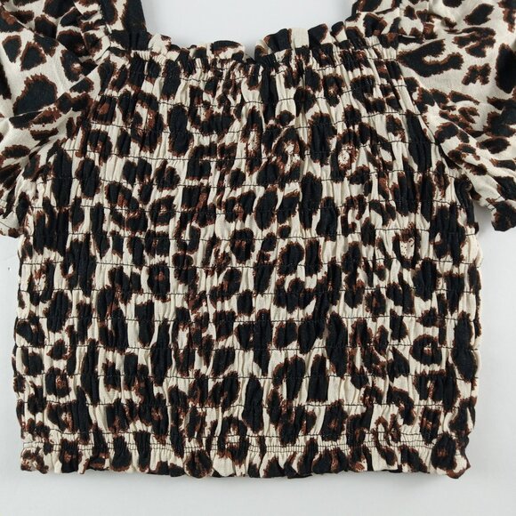Monteau Puff Sleeve Smocked Crop Top Women's Size S Leopard Print Linen Blend - Picture 6 of 8